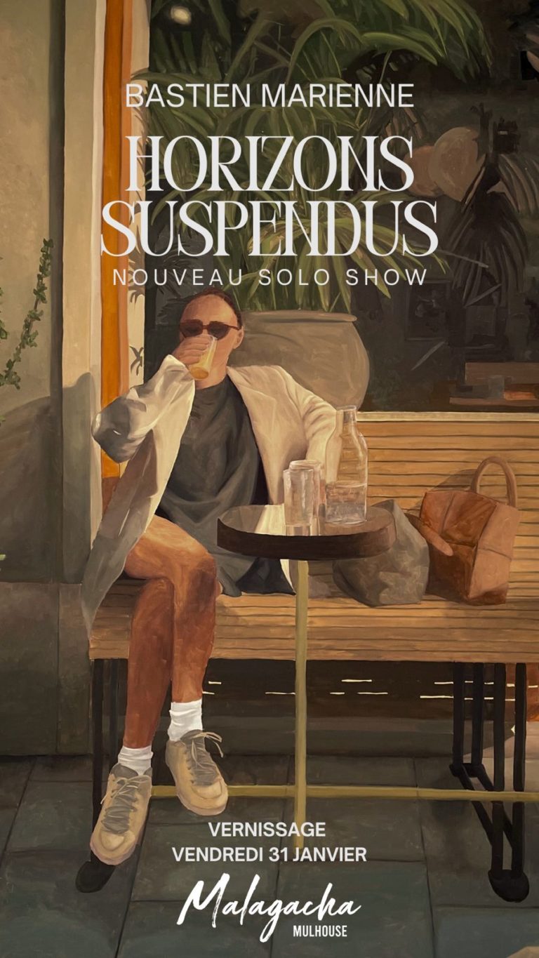 Affiche du solo show Horizons Suspendus de Bastien Marienne : une femme assise sur une terrasse