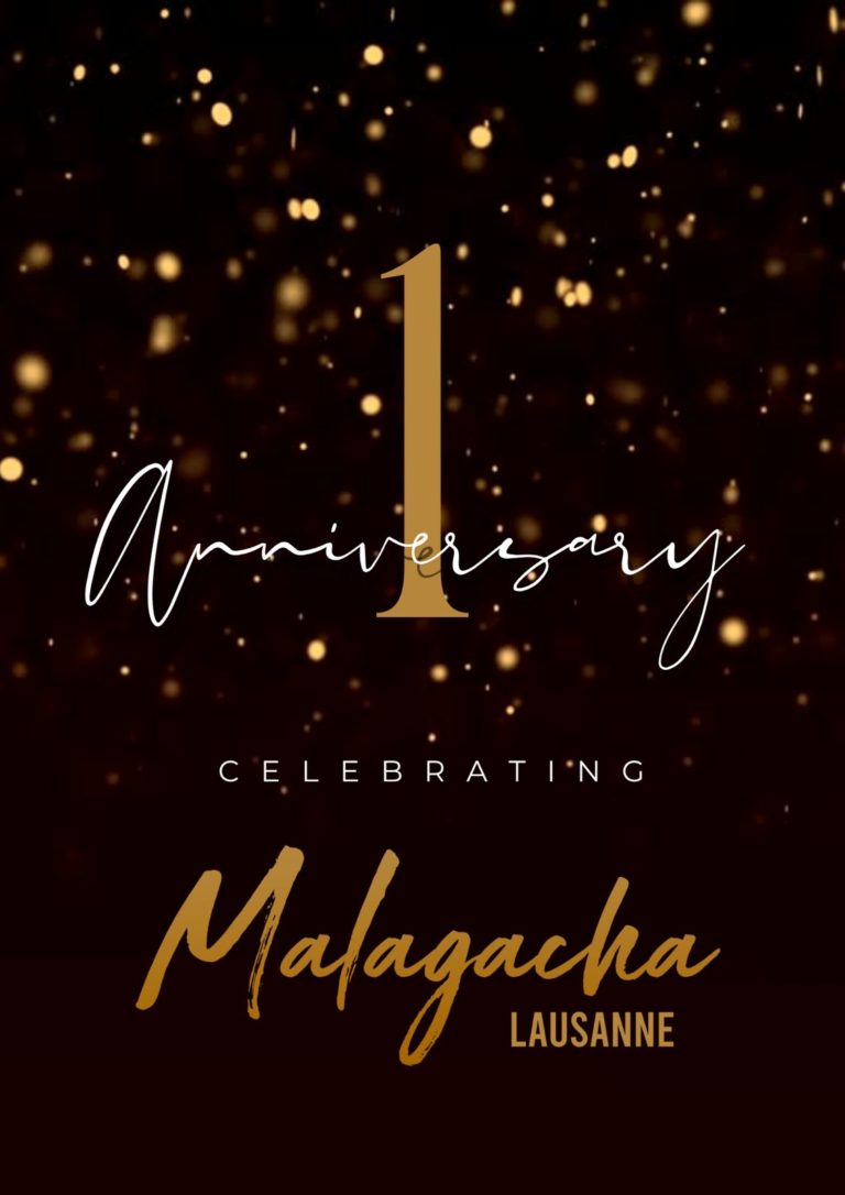 Affiche dorée du premier anniversaire de Malagacha Gallery Lausanne
