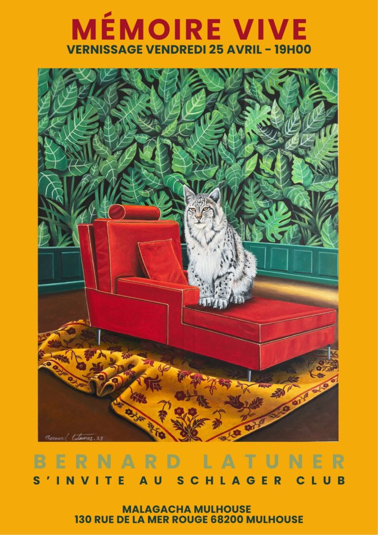 Toile d'un lynx sur un canapé rouge, visuel de l'exposition Mémoire Vive