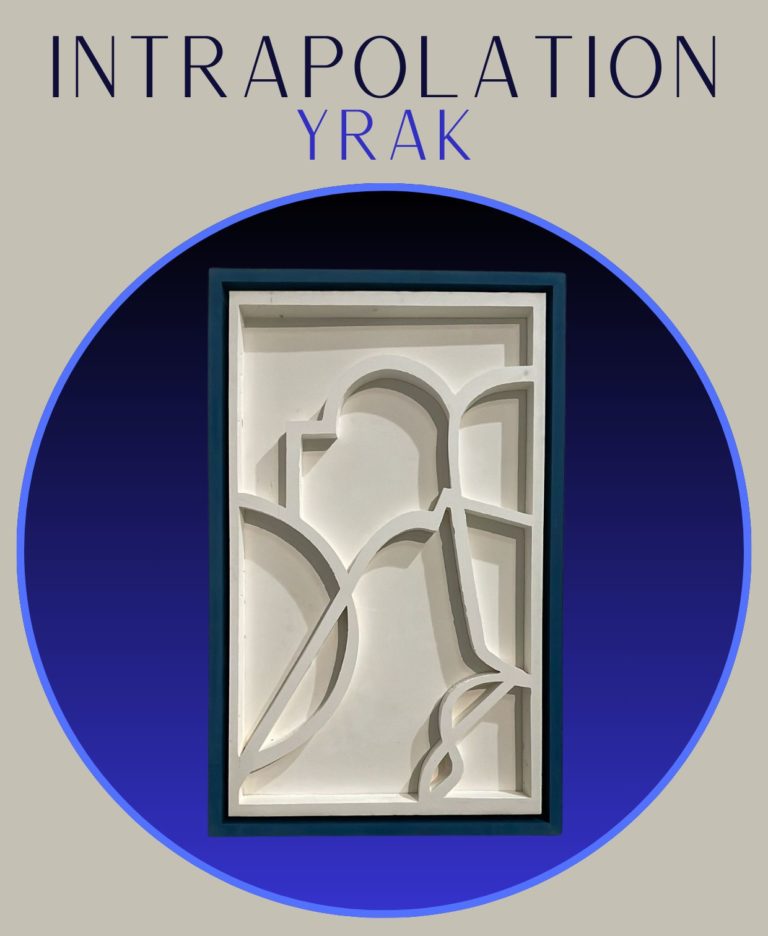 Affiche de l'exposition Intrapolation de Yrak, relief blanc sur fond bleu