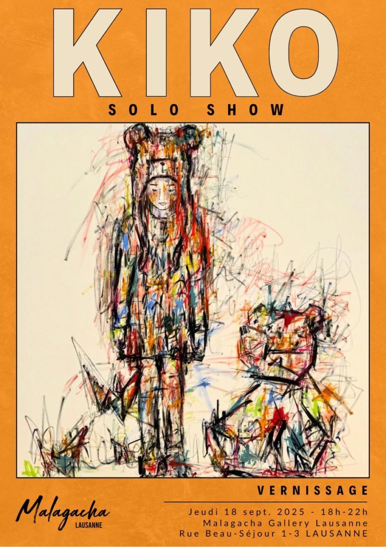 Affiche du solo show Origami de Kiko : deux personnages dessinés en traits colorés