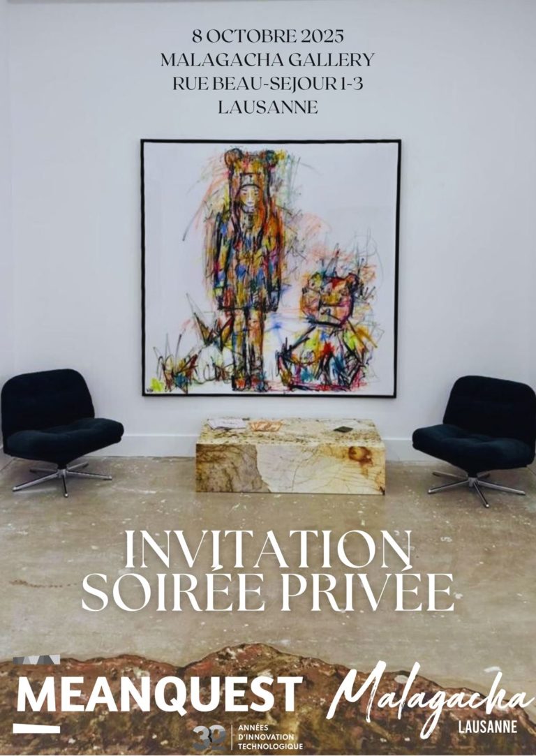 Invitation à la soirée privée Meanquest x Malagacha, toile de Kiko au-dessus de fauteuils noirs
