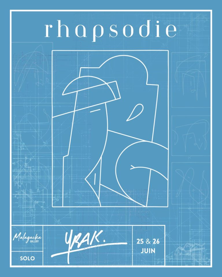 Affiche de l'exposition Rhapsodie de Yrak, dessin au trait blanc sur fond bleu