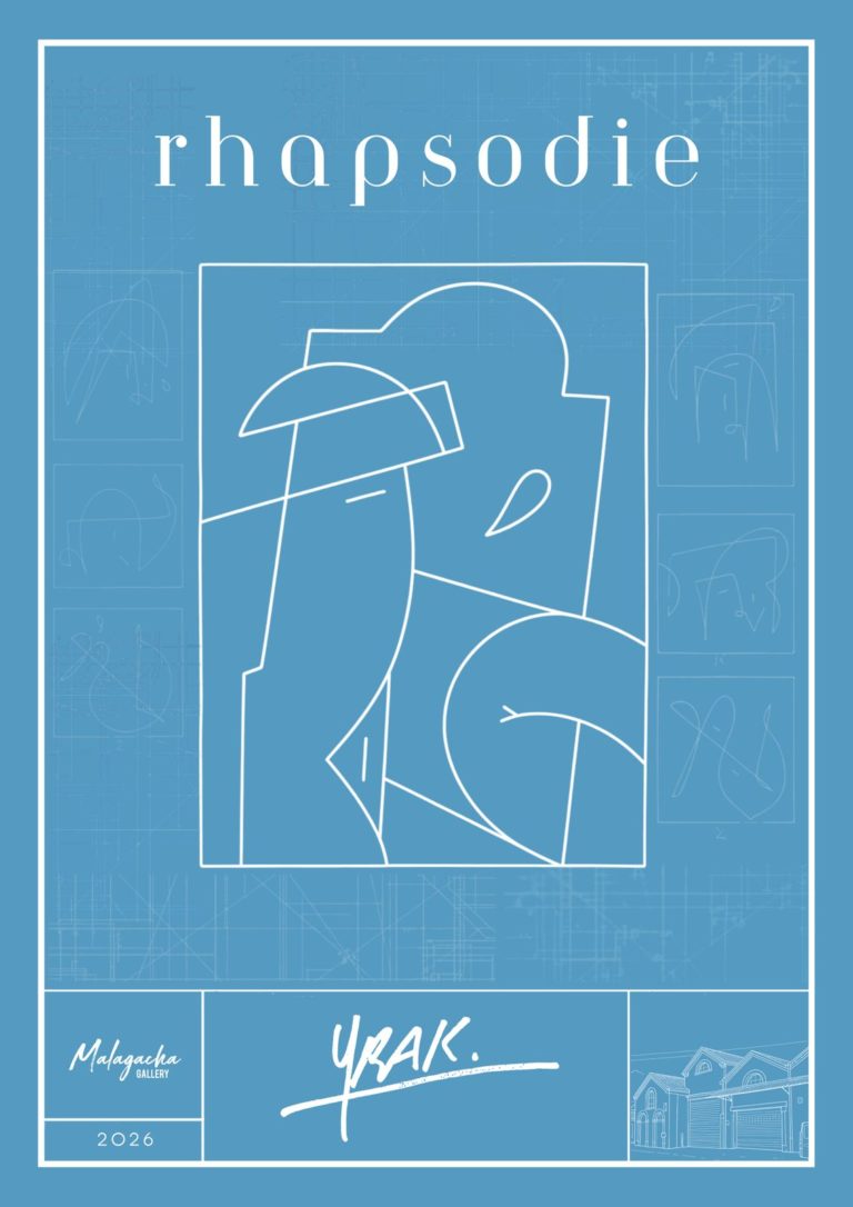 Affiche de l'exposition Rhapsodie de Yrak, dessin au trait blanc sur fond bleu